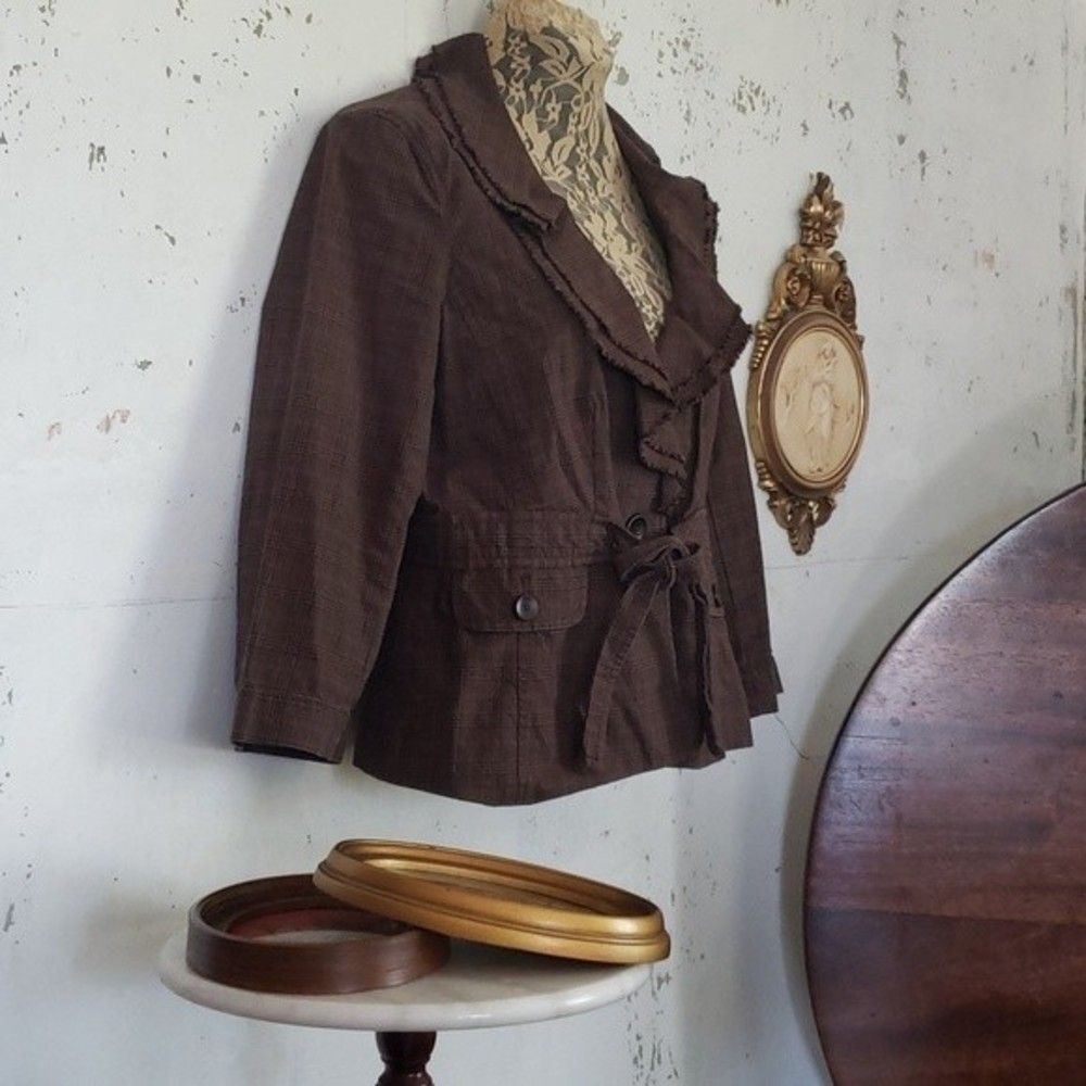 ANN TAYLOR LOFT Women's Plaid  Academia Career Ruffle Collar Blazer Brown 4P